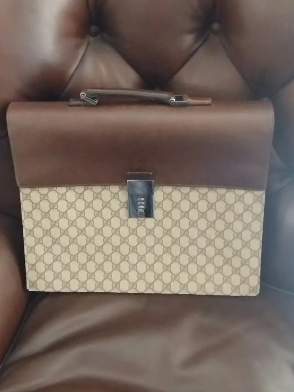 Gucci Brown Leather & Beige GG Monogram Briefcase
